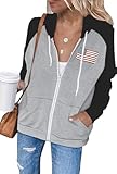 Ezbelle Women's Long Sleeve Hoodie Sweatshirt Full Zip Up Hoodies Open Front Cardigan Sweater Color Block USA Shirt (Grey Black Small American Flag) XL