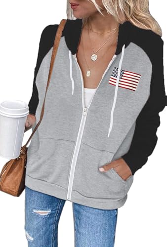 Dressmine Womens Oversized Usa Full Zip Up Hoodie Graphic Shirt Long Sleeve Drawstring Zipper Sweatshirt Patriotic Shirts, Grey Black Flag, XXL