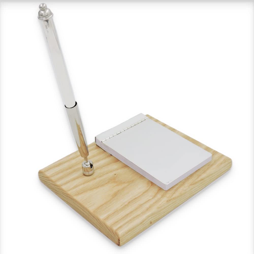 Set da Scrivania Composto da Block Notes e Penna in Argento Sterling 925, Base in Legno di Frassino Massello