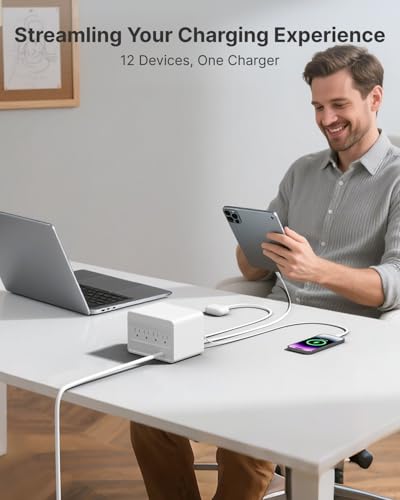 Image of Gitryin 12-in-1 Desktop Charging Station with 3 Retractable Type-C Chargers and 1 Lightning Charger, 160W USB-C Charging Hub with 33.5in Cable, 4 AC, 1 USB A Port, 3 USB C Ports, White