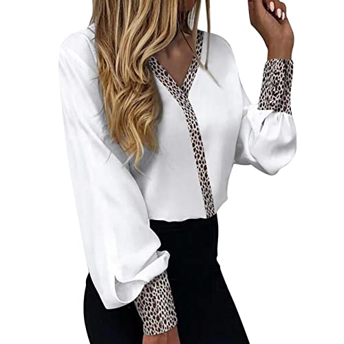 Hemden Frauen Sommer Shirt Top Leopard Nähte Langarm Bluse Shirt V-Ausschnitt Büro Casual Elegant Sexy Top Damen Hemdn Shirt Oberteile Lässige (White, S)