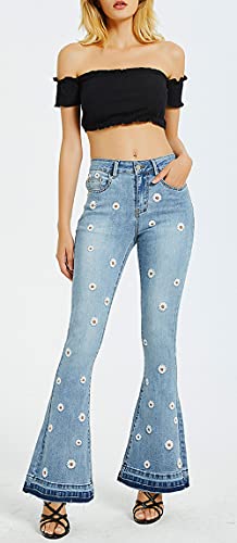 CHARTOU Women's Trendy Stretch Distressed Embroidered Wide Leg Denim Jeans Bell Bottom Flare Pants4