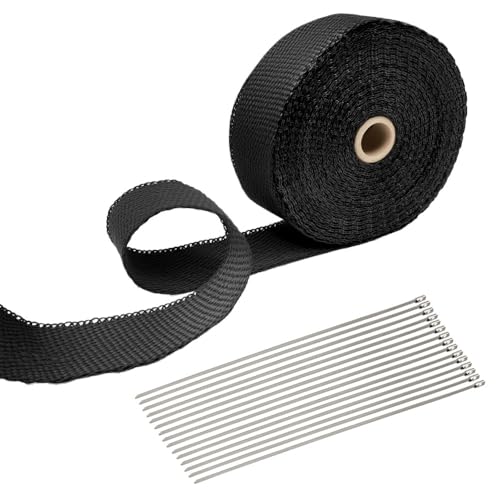 Hitzeschutzband Auspuff 15m x 5cm, Auspuffband Krümmerband mit 15pcs Edelstahl Kabelbinder, Isolierband Hitzeschutzband für Auto Motorrad Auspuff Fächerkrümmer - Schwarz