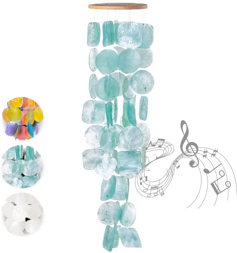 Solange & Frances Wind Chimes for Outside - Unique Aqua Sea Glass Capiz Shells Windchime for Outdoors. 26 Inch Garden Decor Makes A Great Gift for Women Who Have Everything.