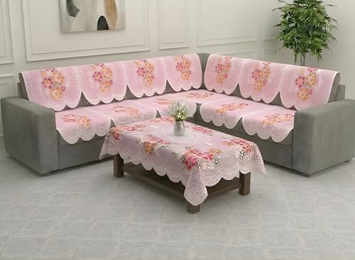 Image of Fab Nation Sofa Cover L Shape 6 Seater with Corner L Type Fully Covered Sofa Set for Living Room | Cotton Sofa Slipcovers for 3 + 3 Seaters Cover with 1 Table Cover | Pink Flowers