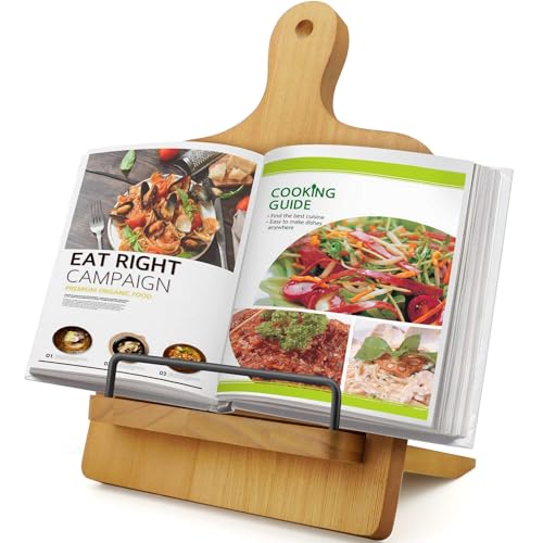 Soporte para libros de cocina, soporte de madera para recetas, soporte para libros de recetas con soporte ajustable, soporte para libros de cocina rústico, marrón