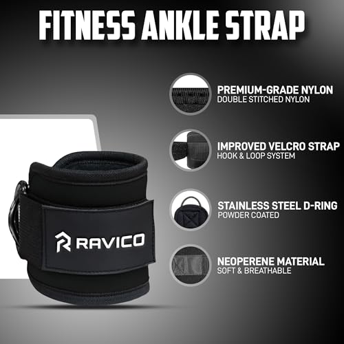 RAVICO Ankle Straps for Cable Machines | Premium Neoprene Padded Gym Cuffs for Kickbacks, Glute Workouts, Leg Extensions, and Hip Abductors for Men & Women | Adjustable Ankle Support with Steel D-Ring