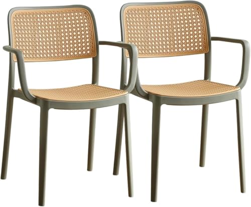 Image of Creative Rattan Dining Chair with Arms, Grey Frame and Plastic Cane Weave, Indoor Accent Chair with Woven Back and Seat (Pack of 2)