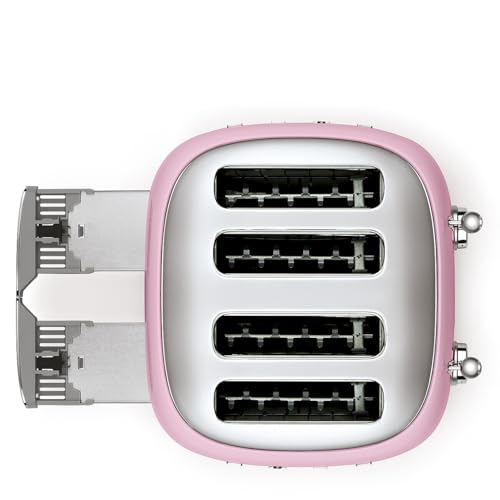 Image of SMEG 4 Slice Toaster TSF03, Retro Stainless-Steel Toaster with Wide Slots for Bagels, 6 Browning Levels, Defrost Reheat Bagel Functions, Dual Controls, Crumb Trays, 1800W - TSF03PKUS - Pink