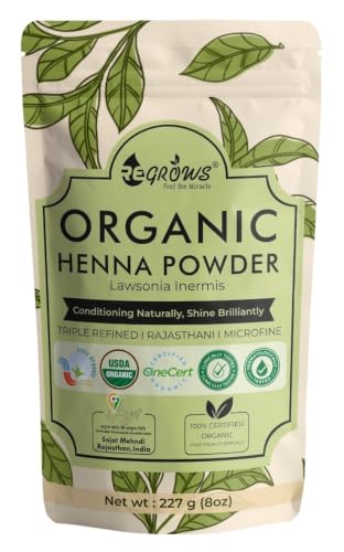 Image of ReGrows 100% Certified ORGANIC HENNA powder | Dermatologically and Clinically Lab Tested Henna Powder | USDA ONECERT Certified | GI Tagged Henna directly from farm Hair Color and Hair Care for Men and Women | Henna with Brush, Gloves, Shower cap | Mehndi powder | (227gm)