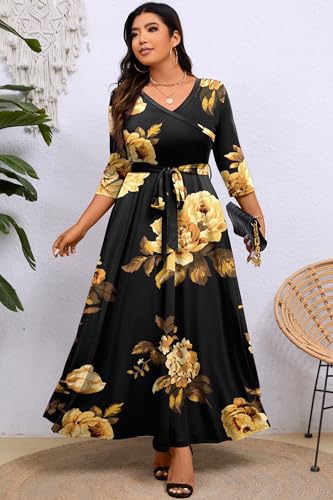 Image of Runwind Plus Size Dress for Women - 3 /4 Sleeve V Neck Maxi Dresses for Women (XL-6XL)