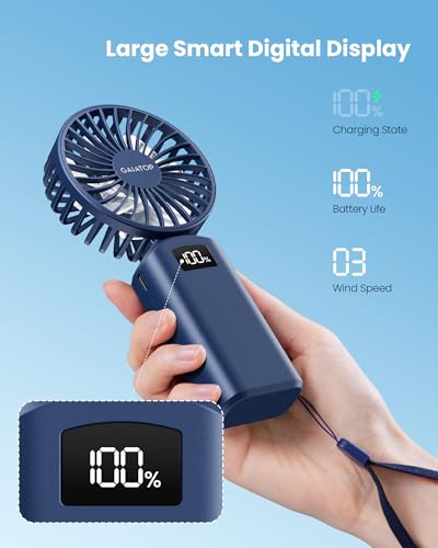Image of Gaiatop Powerful Hand Fan, Portable Personal Fan Handheld Fan, 3 Speed Foldable Desk Fan with Digital Display, 2000mAh USB Rechargeable Fan for Indoor Outdoor
