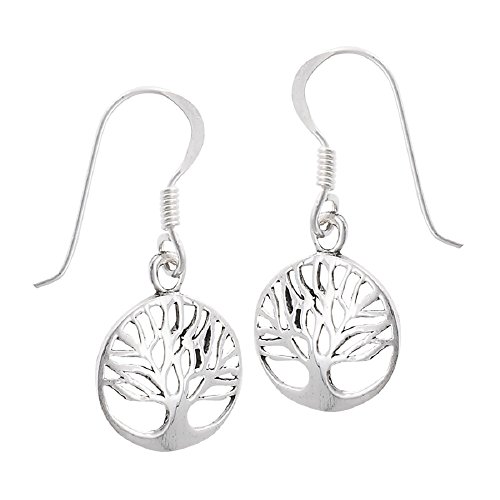 .925 Sterling Silver Round Filigree Tree of Life Dangle French Wire Earrings