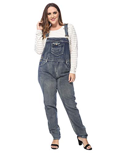 Anna-Kaci Women's Plus Size Adjustable Strap Denim Bib Overalls Straight Leg Jean Jumpsuits, Blue, Large