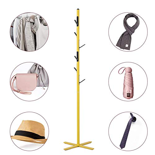 Lehom Modern Metal Coat Rack Free Standing with 6 Hooks 68\'\' Coat Tree in Corner Hat Hanger Flapper Coat Rack Stand for Clothes Handbags Umbrella Yellow
