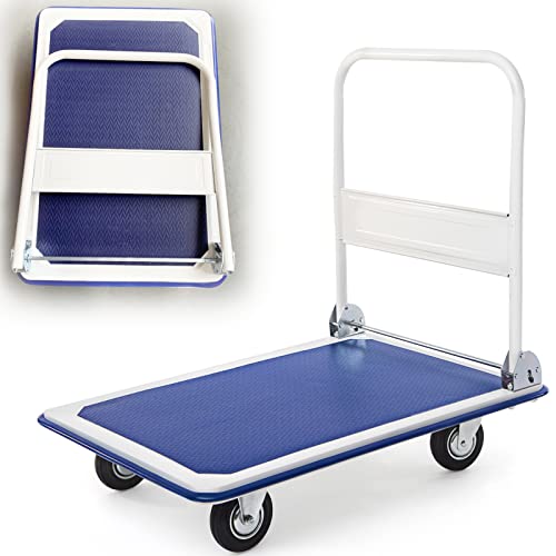 RELAX4LIFE Chariot de Transport Pliable en Fer Charge Max 300KG avec Plateau Antidérapant, Chariot Pliable à 4 roulettes en PU, 60 x 90 x 88 cm pour Déménagement Logistique Transport