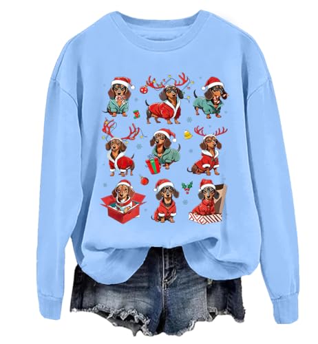 Dackel Weihnachtspullover Dackel Weihnachten Shirt Weihnachten Dackel Shirt Dackel Sweatshirts für Damen, himmelblau, XL