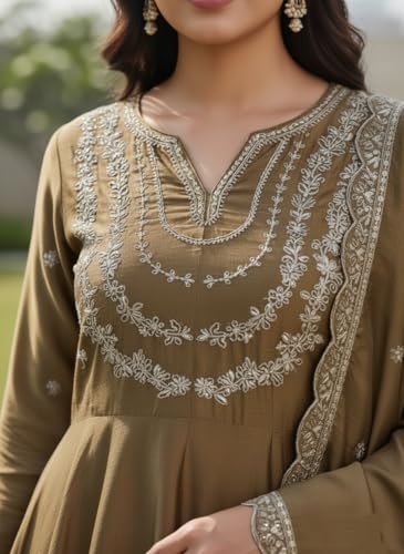 Image of Yashika Women's Silk Blend Embroidered Anarkali Kurta Set with Dupatta | Full Length Ethnic Wear for Women | Wedding
