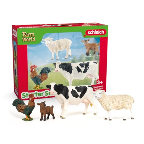 Schleich Farm World - Starter Set, Includes 4 x Collectible Toy Farm Animals, Cow, Sheep, Donkey Foal and Rooster Farm Animal Toys for Kids Ages 3+