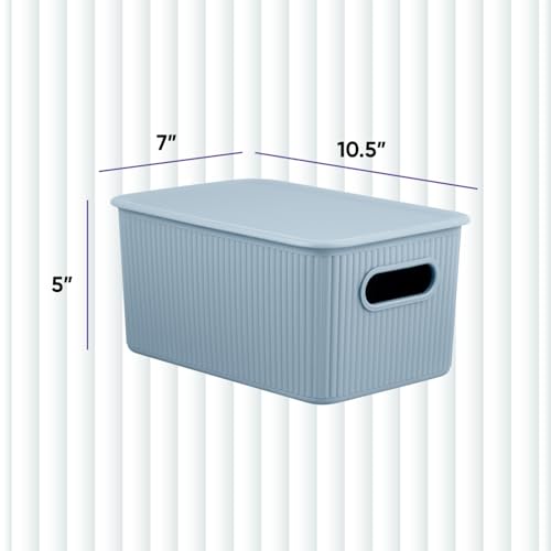 Image of Superio Ribbed Collection - Decorative Plastic Basket Open Home Storage Bins Organizer, Blue Container Boxes for Organizing Closet Storage Bins for Shelves (Bin with Lid- Medium (5 Liter), 1 Pack)
