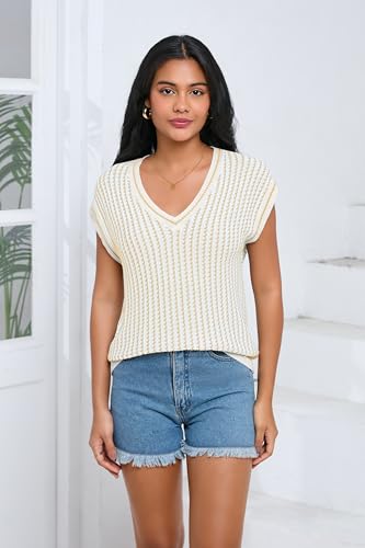 Image of SAUKOLE Summer Crochet Tops for Women Fashion Striped Casual Cap Sleeve Shirts Loose Knit Sweater Vest