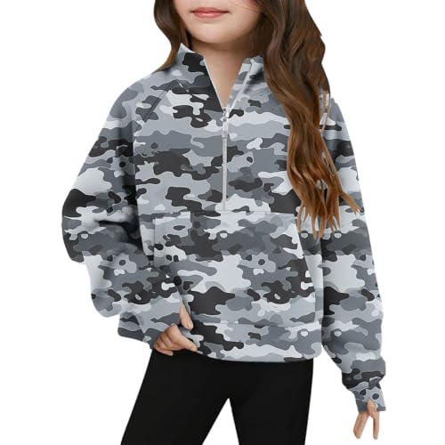Girls Half Zip Camouflage Sweatshirt Stand Collar Loose Graphic Tee Tops Long Sleeve Pullover Casual T-Shirts for 5-14 Years