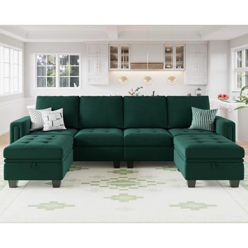 Belffin Velvet U Shaped Sectional Sofa Couch with Storage Ottoman Convertibel Sectional Sofa with Reversible Chaises Green