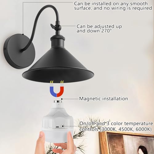 Image of Wireless Battery Operated Wall Sconce, Black Industrial Wall Lights Decor Set of 2, Vintage Rechargeable Magnetic Cordless Wall Lamp Fixture with Remote for Farmhouse Bedroom Living Room