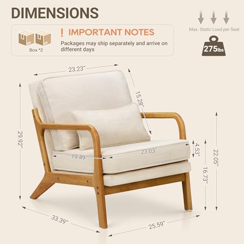 COLAMY Mid Century Modern Accent Chair Set of 2 with Lumbar Pillow, Relaxing Armchair with Solid Wood Frame & Soft Cushion, Reading Leisure Chair for Living Room(Beige) - Image 3