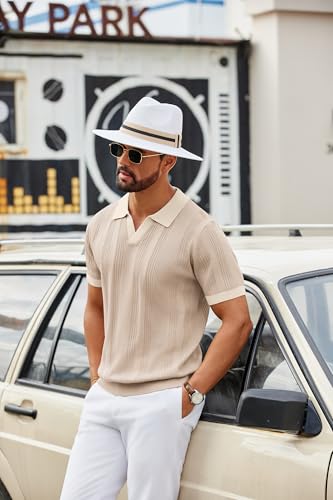 Image of COOFANDY Mens Knit Polo Shirts V Neck Textured Polo Shirts Short Sleeve Breathable Polo Casual Collared T Shirt Fashion Tops