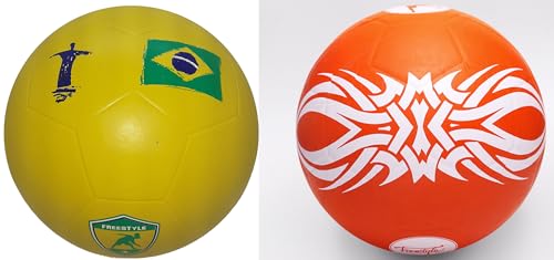 Lot de 2 Ballons Freestyle, Taille 5, Ballon Brésil Jaune et Ballon Orange Triball, Caoutchouc avec Grip