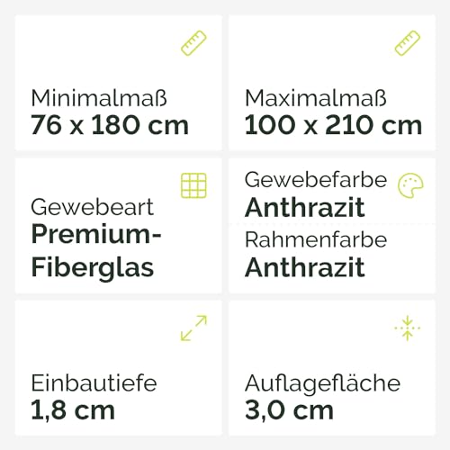 Nematek Insektenschutz Tür Teleskoprahmen - schmale Fliegengitter Tür mit Rahmen für Balkon & Terrasse - 100 x 210 cm teleskopierbare Fliegengitter Tür in anthrazit - Montage erfolgt ohne Zusägen