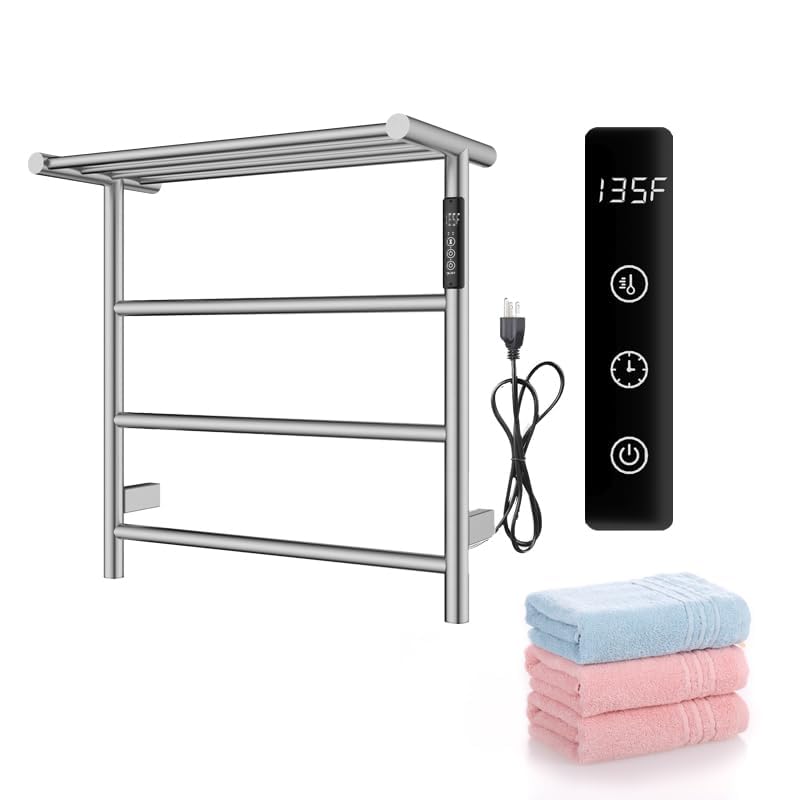VJASS Heated Towel Rack for Bathroom, 3 Bar Brushed Nickel Stainless Steel Wall Mounted Electric Towel Warmer Rack, Built-in Timer, Dual Hardwired & Plug-in Installation (Brushed Nickel)