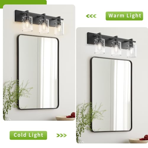 Image of Bathroom Vanity Light,3 Light Matte Black Light Fixture with Thickened Seeded Glass Shade, 21 inch Modern Wall Sconce,Vanity Light Over Mirror for Bathroom