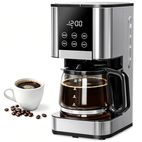 10 Cup Programmable Drip Coffee Maker, Adjustable Brew Strength, Pause & Serve, Heat Resistant Glass Carafe, Permanent Filter, Auto Shut Off, Stainless Steel, Compact Coffee Machine for Home Office