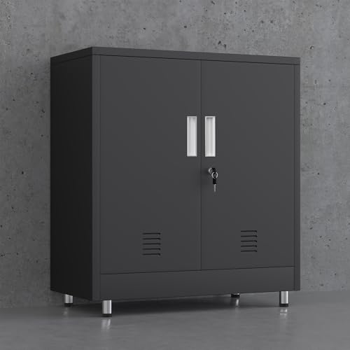 JINGUR Aktenschrank Büroschrank Lagerschrank Metallschrank Stahlschrank, Abschließbar Mehrzweckschrank Kleiner Schrank Buffetschrank Flurschrank (Schwarz)
