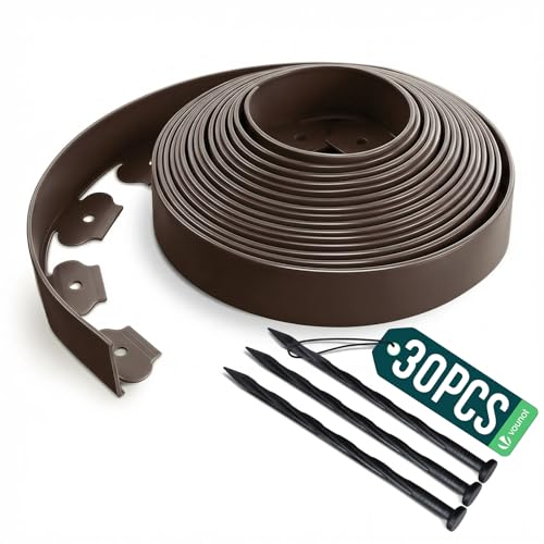 VOUNOT® Borde Jardín, Césped Borde, Flexible de Plástico, Longitud 10 m, Altura 5 cm, con 30 Clavijas, Marrón