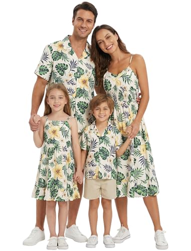 Image of AWIBMK Hawaiian Family Matching Outfits Mother Daughter Tropical Dresses Father Son Shirts for Beach Vacation Luau Party