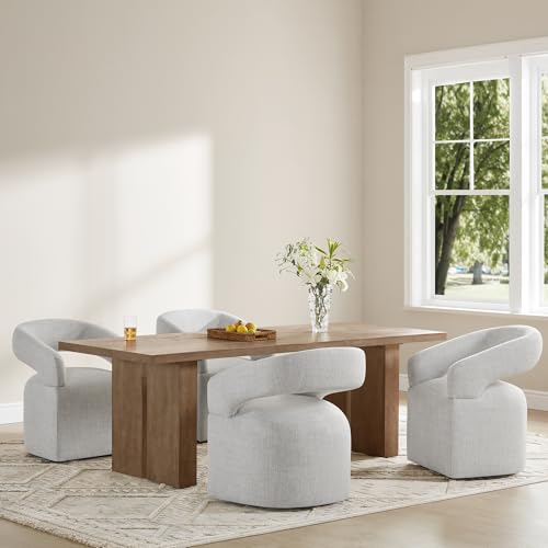 Image of KISLOT Upholstered Dining Chairs Set of 4, Modern Rolling Dining Chairs with Hidden Casters, Arm Kitchen Chairs with Linen Look Fabric, Padded Barrel Chairs for Dining Room, Kitchen, Light Gray