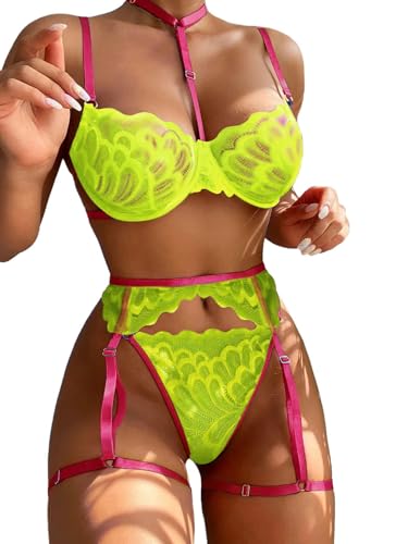 Image of Lilosy Petite Sexy Choker Floral Lace Scallop Sheer Underwire Push Up Garter Belt Lingerie Set 3 Piece for Women See Through Bachelorette Bra and Panty Neon Green Hot Pink X-Small