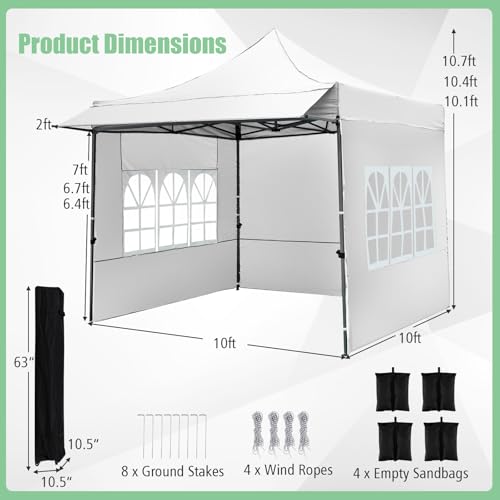 Image of Tangkula 10x10 FT Pop Up Canopy, Outdoor Tent with 3 Sidewalls & Awning, Wheeled Bag, 4 Sandbags, 8 Stake, 4 Ropes, Portable Canopy Tent for Party Picnic Event Beach Camping (White)