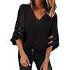 BLENCOT Womens 3/4 Bell Sleeve Fashion V Neck Lace Patchwork Blouse Casual Loose Shirt Tops Black, X-Large