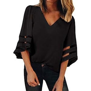 BLENCOT-Womens-34-Bell-Sleeve-Fashion-V-Neck-Lace-Patchwork-Blouse-Casual-Loose-Shirt-Tops BLENCOT Womens 3/4 Bell Sleeve Fashion V Neck Lace Patchwork Blouse Casual Loose Shirt Tops Black, X-Large