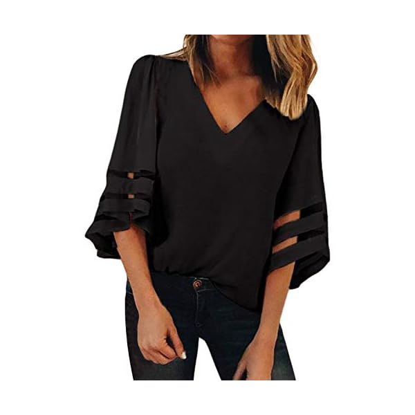BLENCOT Womens 3/4 Bell Sleeve Fashion V Neck Lace Patchwork Blouse Casual Loose Shirt Tops Black, X-Large