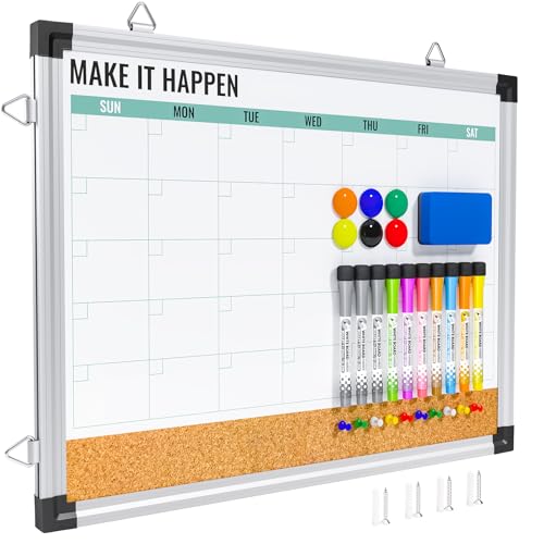 Marsrock Monthly Calendar Whiteboard and Cork Board Combo for Wall 17x13 Reversible Hanging Dry Erase Board Double Sided White Board with Aluminum Frame for Planning Office Kitchen School Home