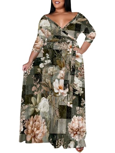 Image of SUZONANA Plus Size Maxi Dresses for Curcy Women Casual Loose 3 /4 Sleeve Long Dress with Belt