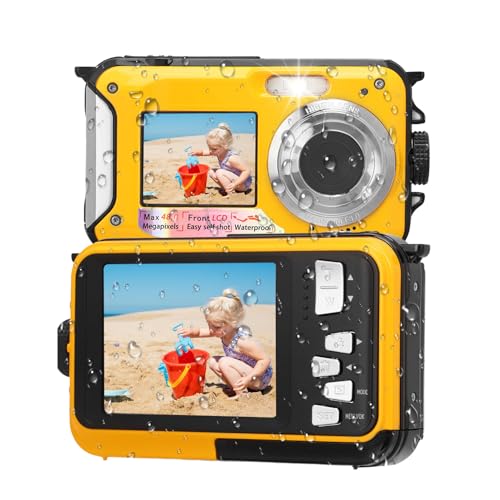 LICAEVEY Kamera Podwodna, Wodoodporna Kamera 11 FT, Full HD 2,7K 48MP z Autofokusem i Podwójnym Ekranem do Selfie, Kamera Wodna z Pływającym Paskiem, Podwodna Kamera Wypełniająca Światło, Żółta