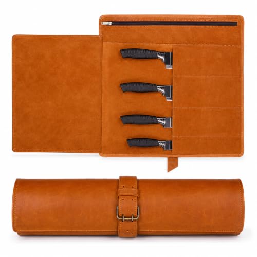 Leather Knife Roll Bag – 4 Slot Professional Chef Knife Case, Full Grain Leather Knife Storage Bag for Chefs, Cooks & Culinary Students