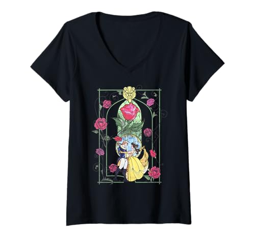 T-shirt Col V Belle et la Bête Disney style vitrail élégant pour femme
