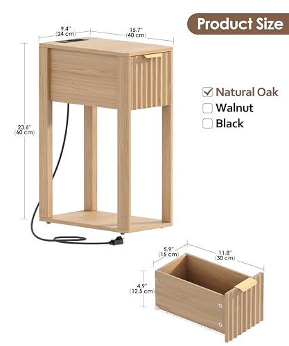 Image of Akxomel Narrow Nightstand Set 2 with Charging Station Fluted Table Oak